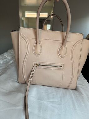 Celine Phantom-Nude Leather Structured Tote Bag with Braided Zip Pull
